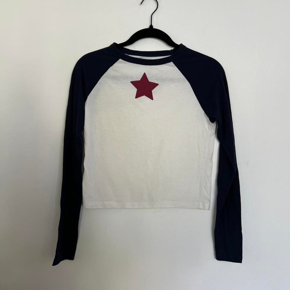 Baby Tee Navy White Raglan Sleeve Red Star 90s Y2K Skater Grunge Women's Size M - Picture 4 of 6
